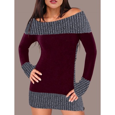Contrast Color Knitted Dress with Buttons - Red Wine